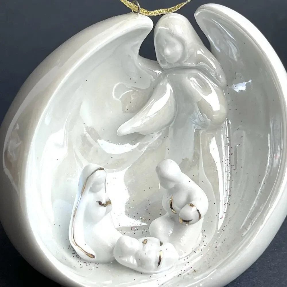 AppleTree Design Porcelain Nativity Ornament White Luster Angel Gold Christmas